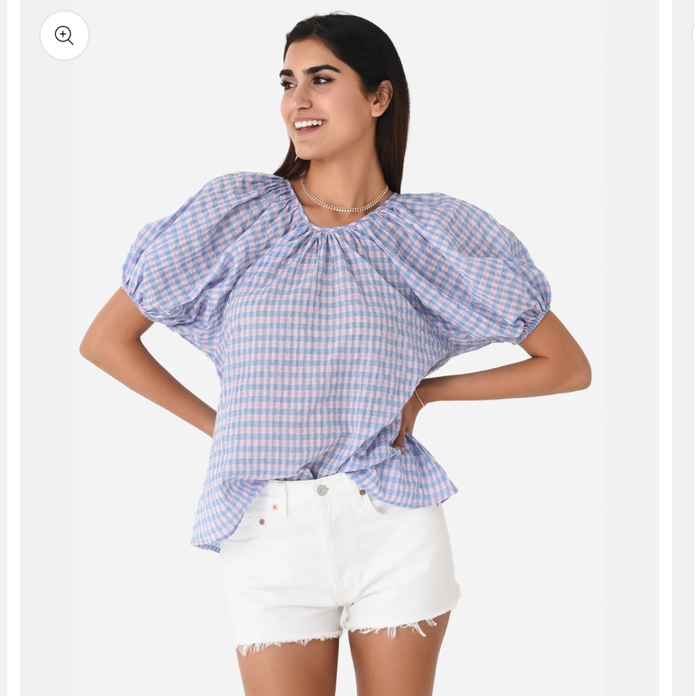 Never a Wallflower Blue and Pink Checkered Puff Sleeve Blouse